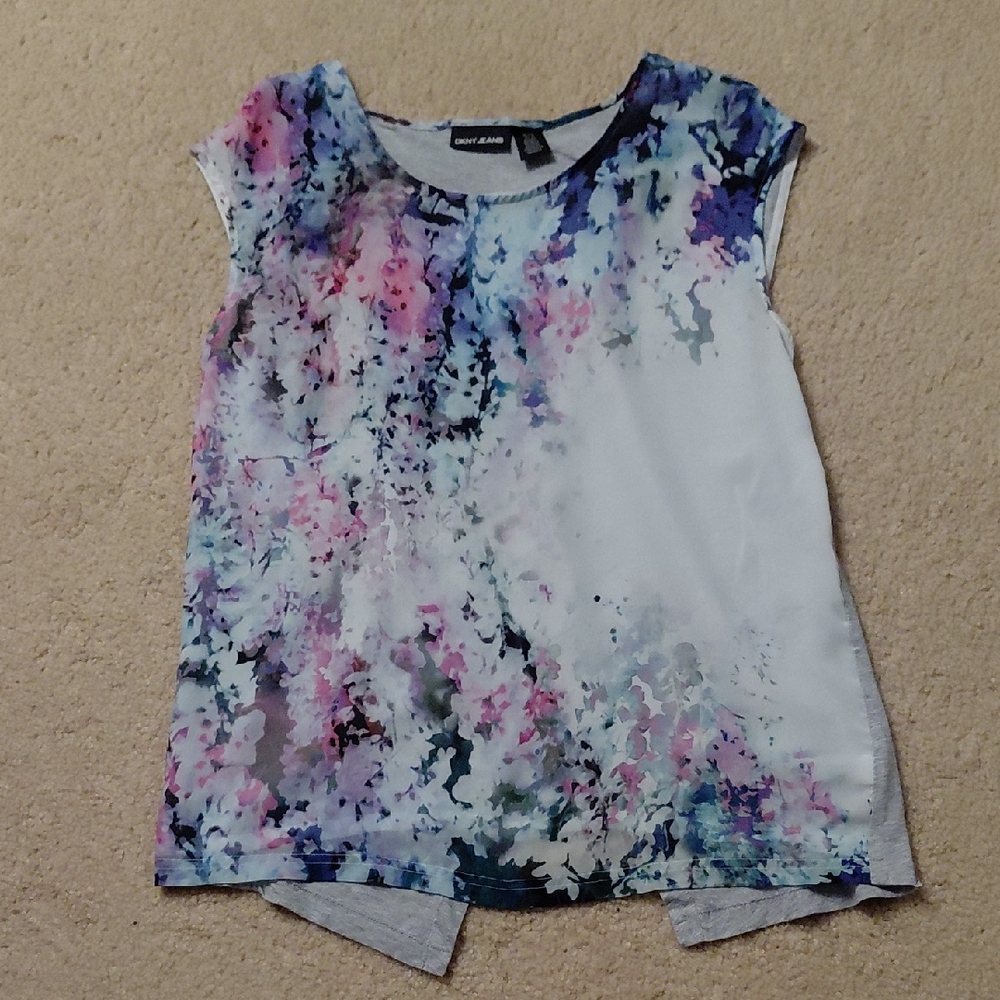 DKNY Blue and Pink Abstract Blouse